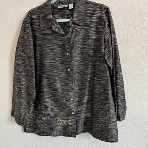 CHICO'S DESIGN Sz2 US12 Large SILK Spacedye Long Sleeve Tunic Blouse Embroidered